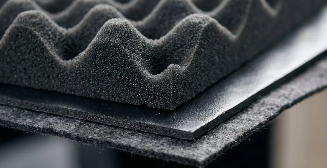 Extreme close-up macro photograph of layered acoustic dampening materials showing tactile texture details