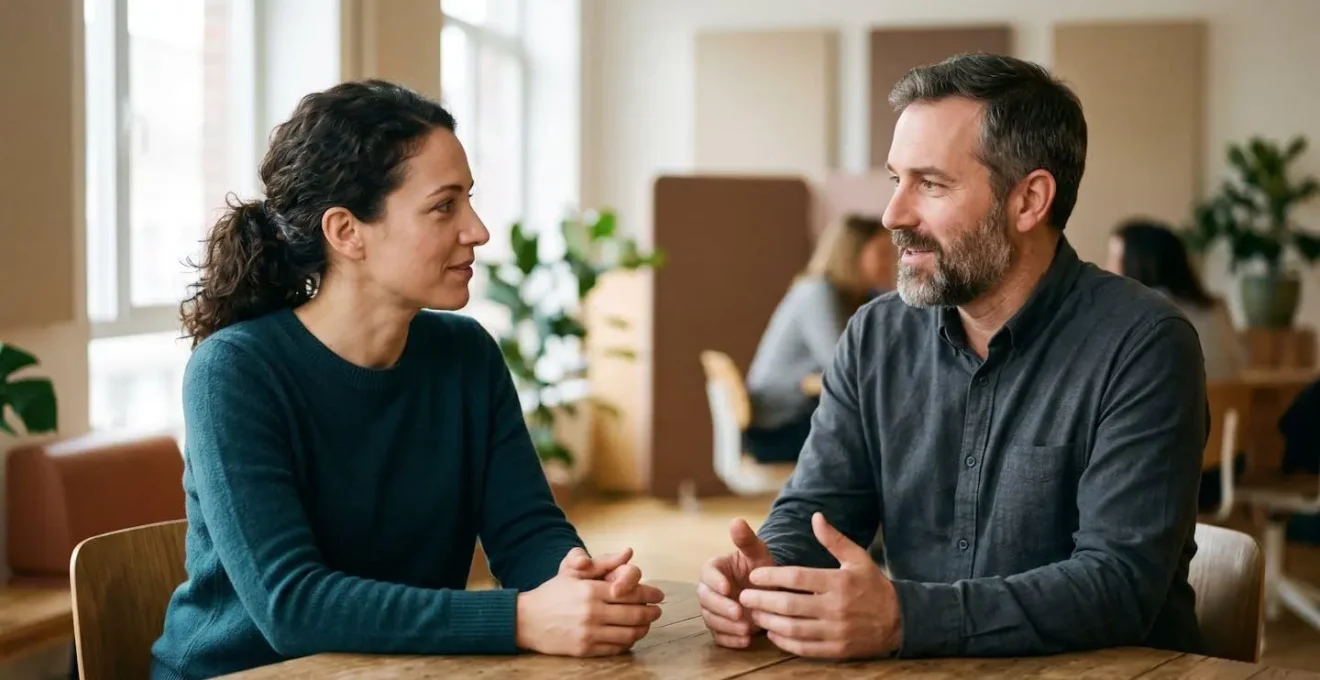 Two professionals in authentic dialogue showing present-moment awareness