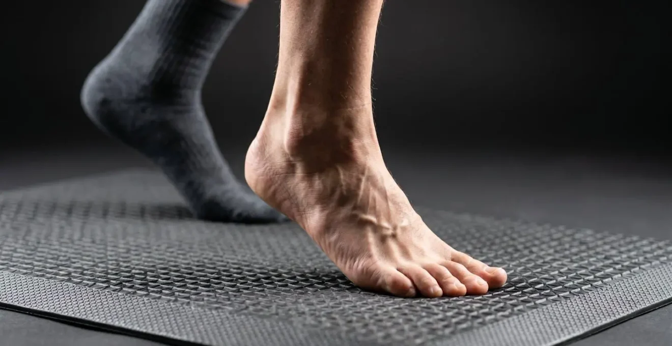 Macro detail of feet and lower legs demonstrating weight-shifting stance on anti-fatigue mat