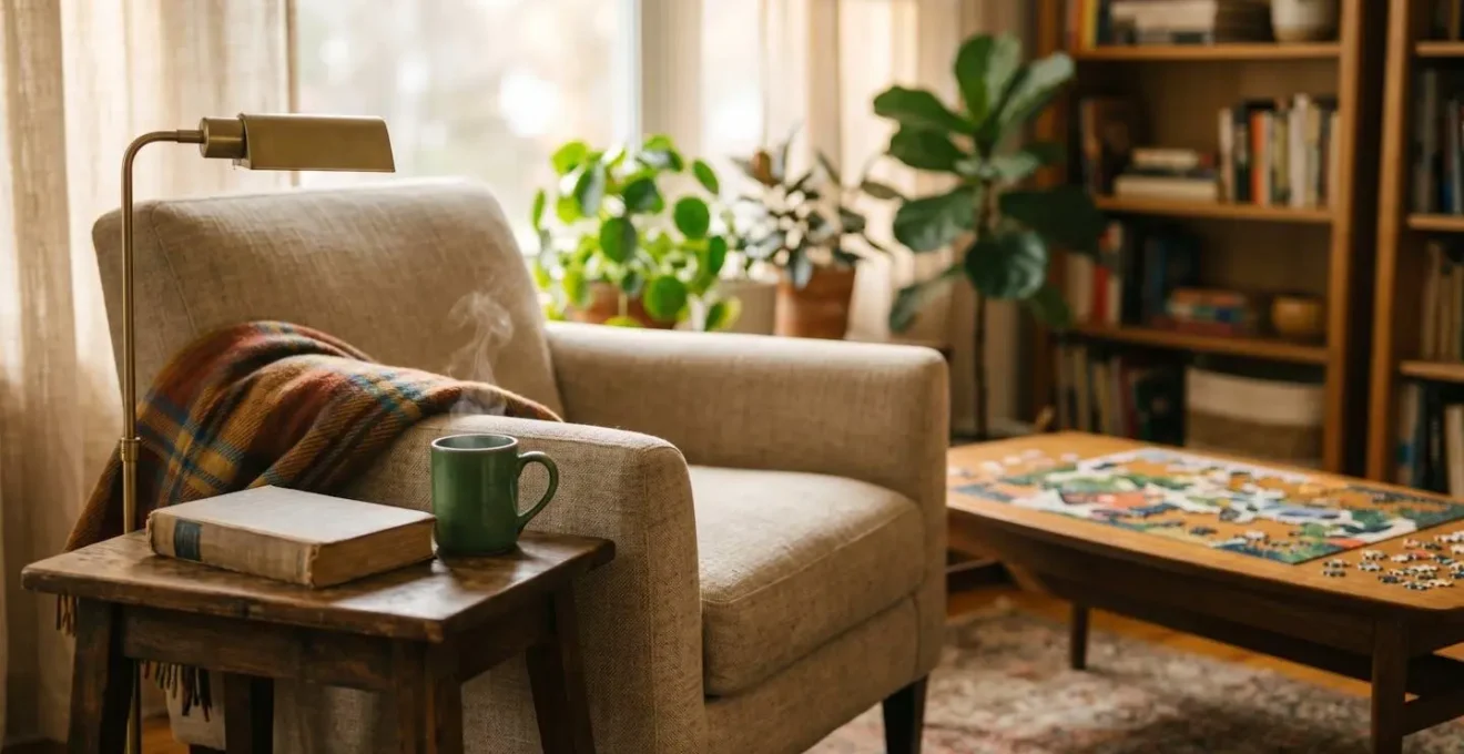A warm inviting living room corner designed as a technology-free retreat with analog activities and natural elements