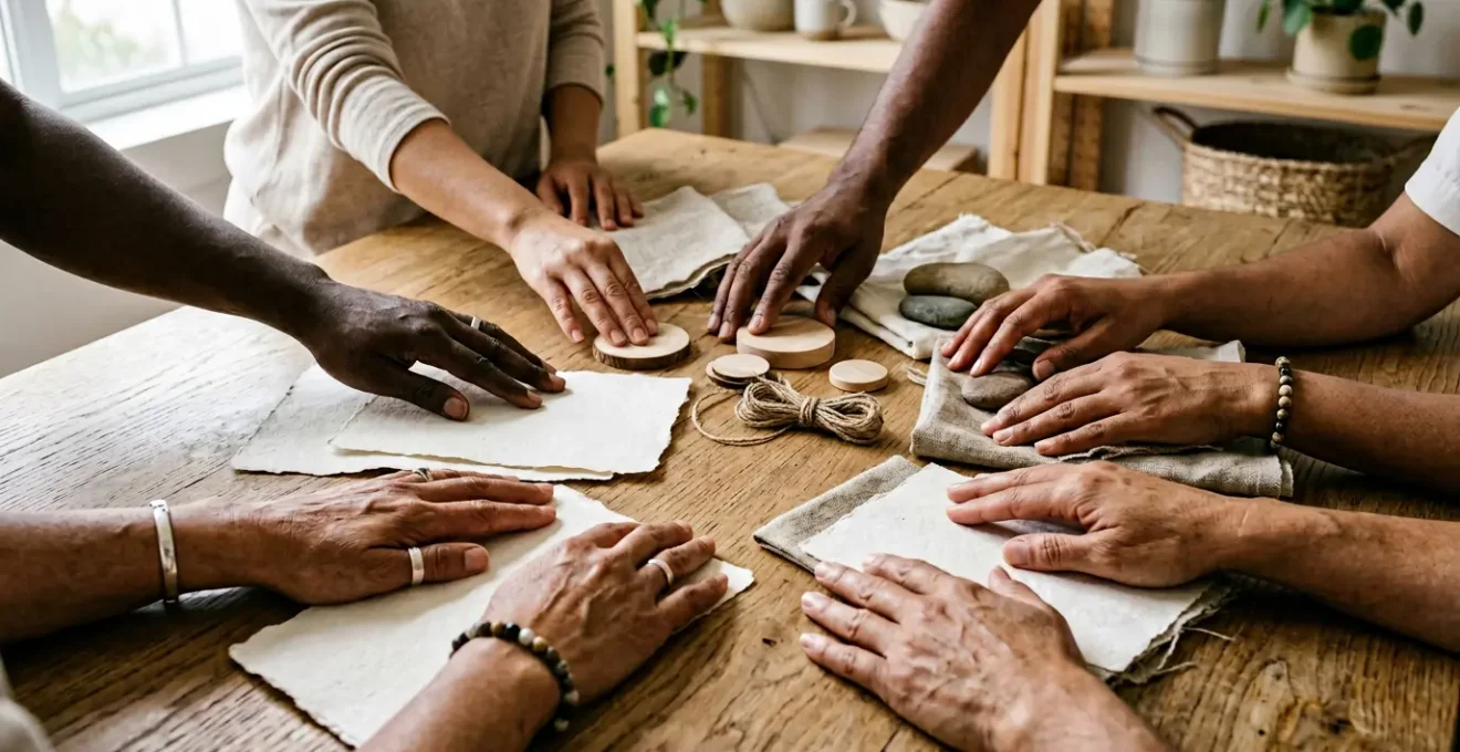 Professional editorial photograph showing diverse hands collaborating around a natural wooden surface with minimal brandless materials representing authentic corporate social responsibility