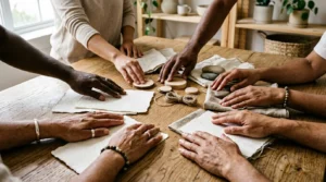 Professional editorial photograph showing diverse hands collaborating around a natural wooden surface with minimal brandless materials representing authentic corporate social responsibility