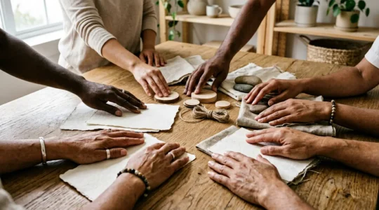 Professional editorial photograph showing diverse hands collaborating around a natural wooden surface with minimal brandless materials representing authentic corporate social responsibility