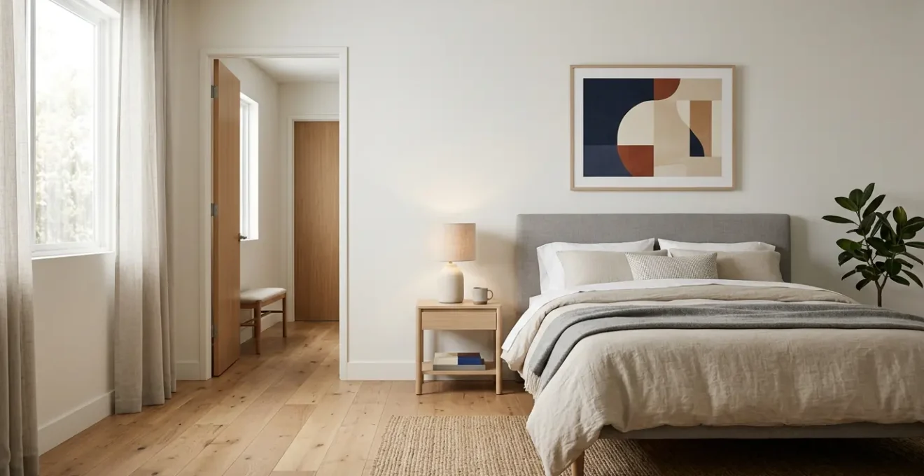 Serene bedroom with bed positioned diagonally across from door with clear view, solid wall behind headboard, natural morning light