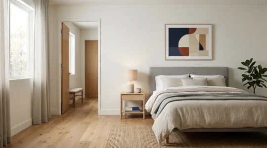 Serene bedroom with bed positioned diagonally across from door with clear view, solid wall behind headboard, natural morning light