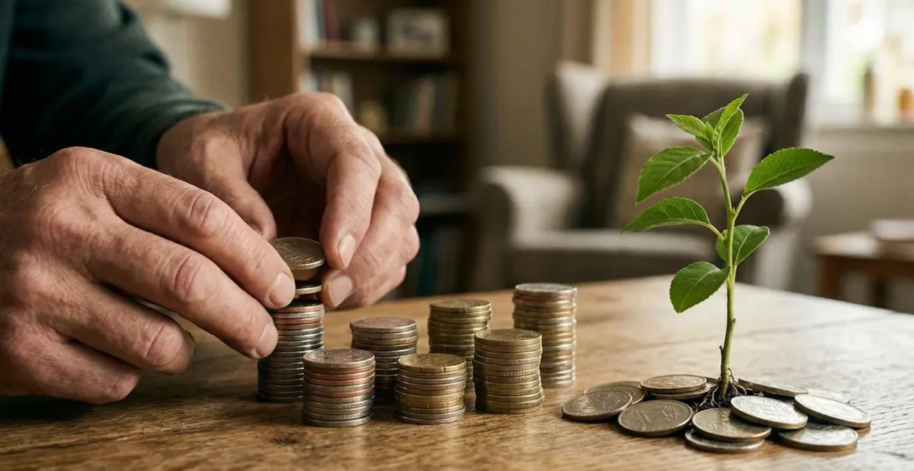 Person stacking coins methodically with growing plant in background symbolizing financial growth and security