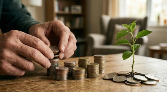 Person stacking coins methodically with growing plant in background symbolizing financial growth and security
