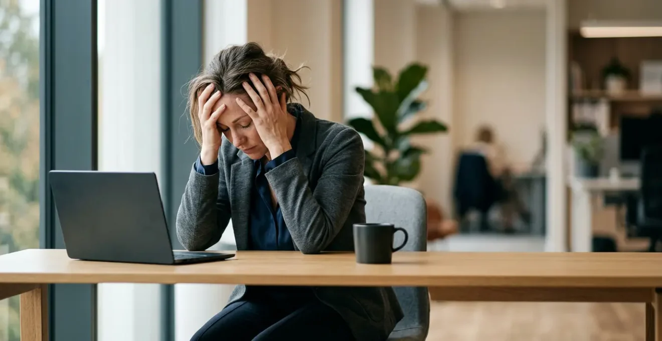 Professional experiencing the weight of burnout stages in a contemplative moment