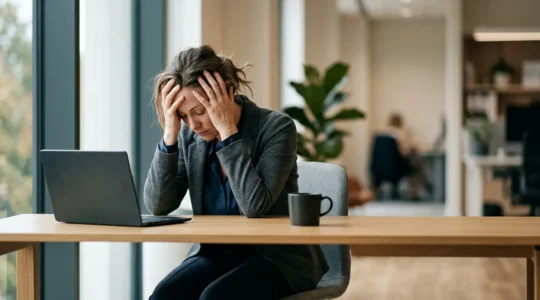Professional experiencing the weight of burnout stages in a contemplative moment