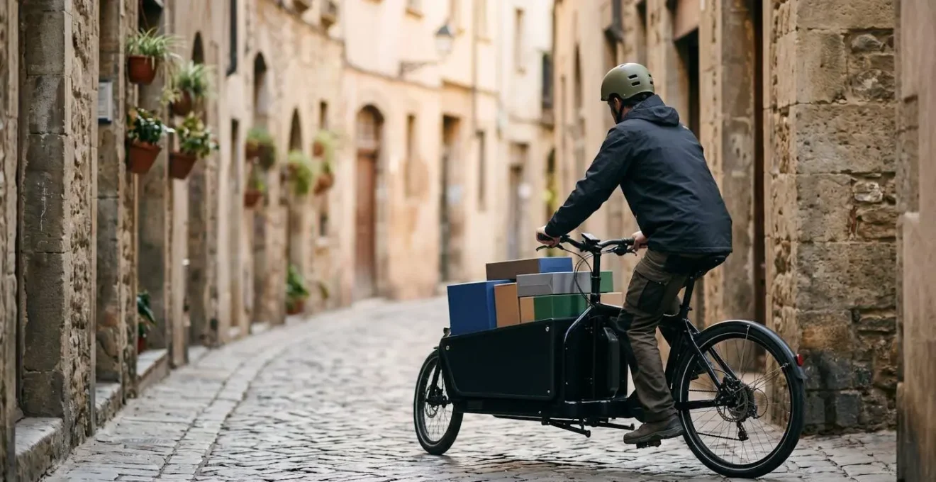 Cargo bike navigating through narrow urban space demonstrating last-mile delivery advantage
