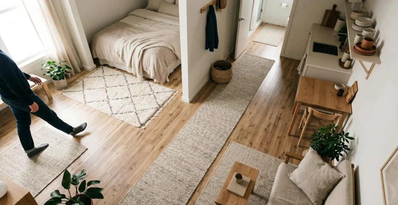 A well-planned studio apartment layout showing clear circulation pathways between functional zones without furniture obstruction