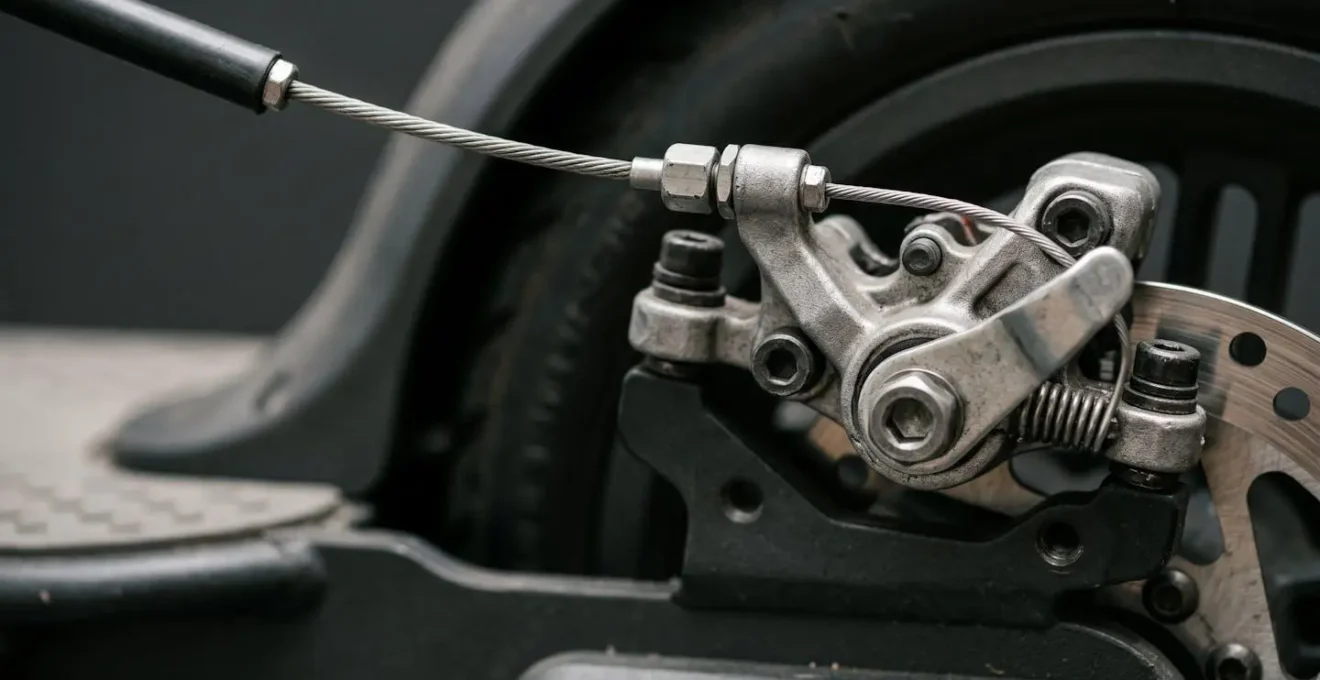 Macro view of electric scooter brake system showing mechanical components