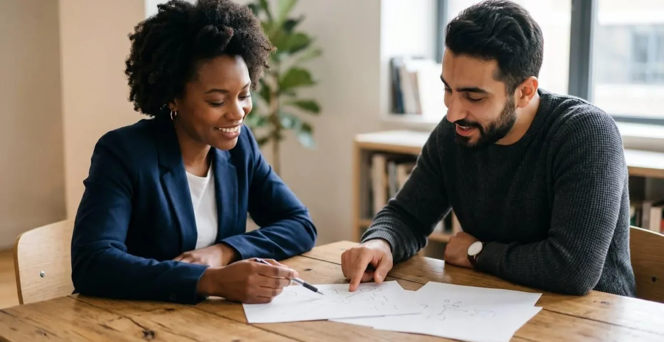 Close-up editorial photograph of two diverse professionals collaborating over minimalist strategy materials on natural wooden surface representing authentic nonprofit partnership