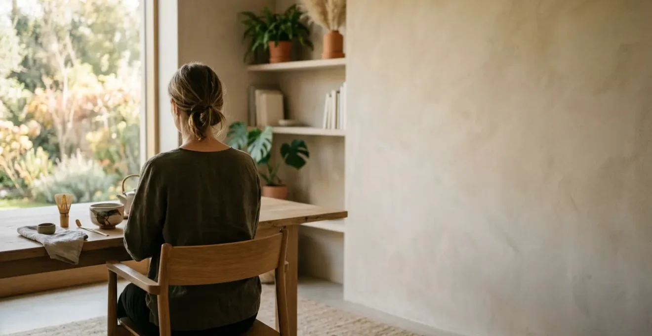 A person in a state of calm, focused productivity surrounded by natural elements representing sustained energy without crash