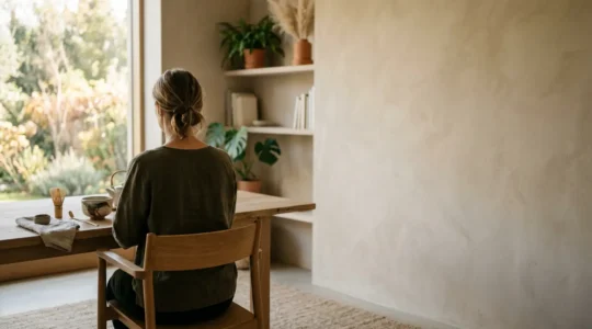 A person in a state of calm, focused productivity surrounded by natural elements representing sustained energy without crash