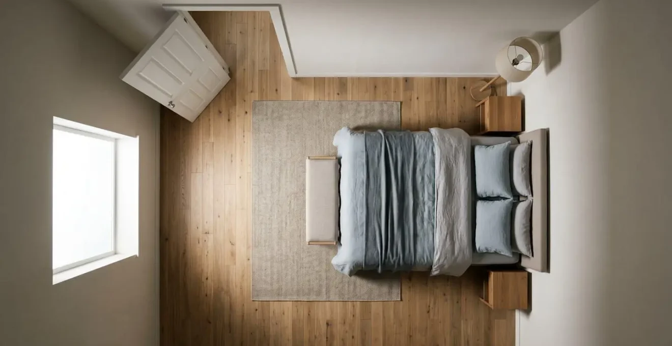 Overhead architectural view of bedroom showing optimal bed placement diagonally opposite door with clear sightline and spatial flow