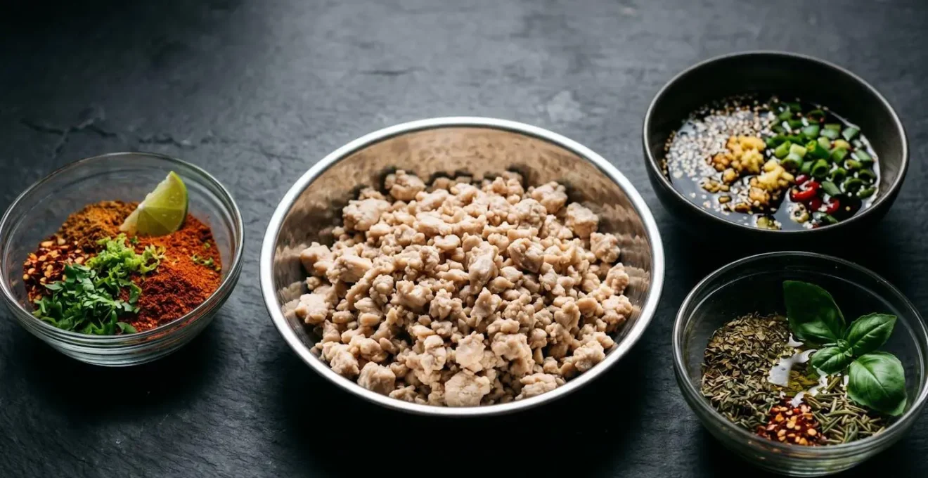 Meal prep components showing one base protein transformed into three distinct cuisine styles