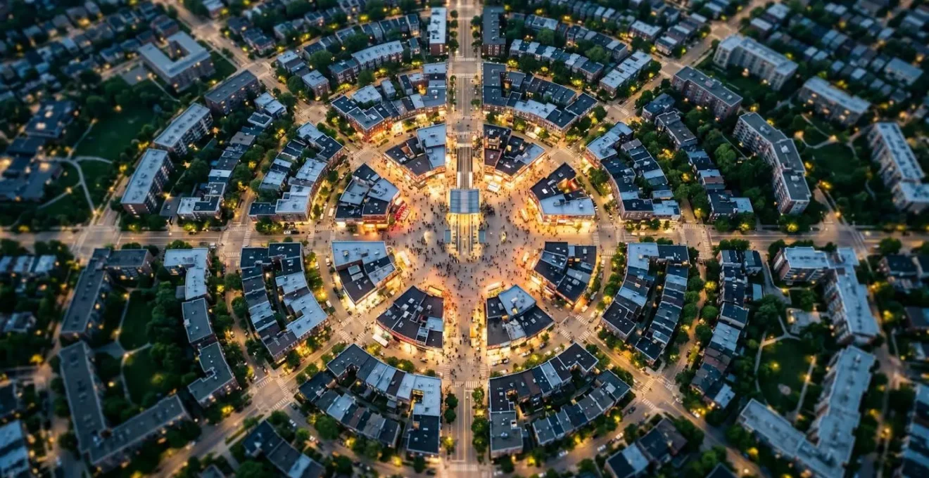 Symbolic representation of proximity zones radiating from transit station center showing optimal investment distance