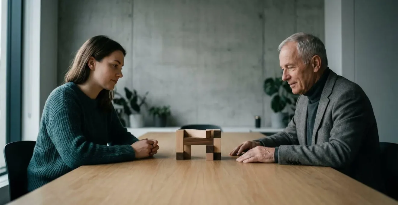 Two professionals of different ages finding common ground through collaborative problem-solving