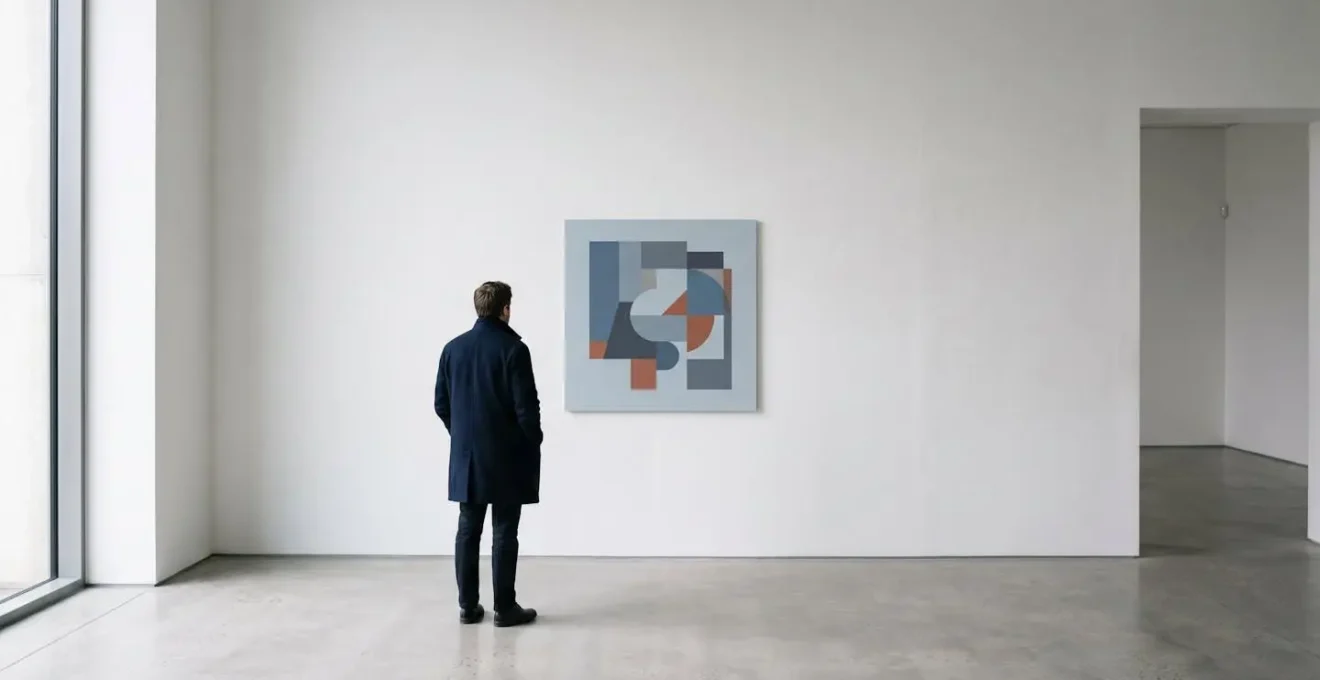 Wide minimalist composition showing a digital artwork in a clean gallery space with ample negative space emphasizing context and presentation