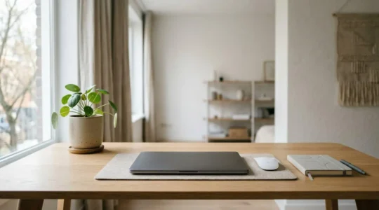 Creative workspace with digital tools for building passive income streams through online products