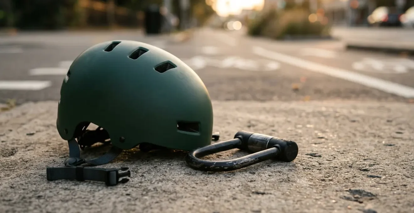 Electric scooter helmet and lock symbolizing theft and injury protection
