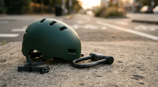 Electric scooter helmet and lock symbolizing theft and injury protection