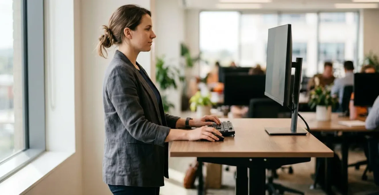 Close-up view of proper ergonomic alignment at standing desk with natural lighting