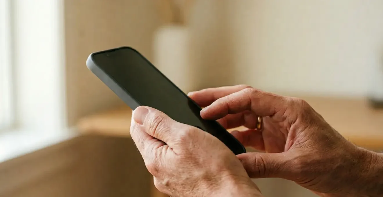 Close-up of hands holding a smartphone with soft natural lighting, representing family communication and digital connection