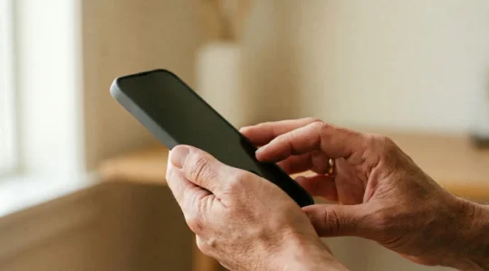Close-up of hands holding a smartphone with soft natural lighting, representing family communication and digital connection