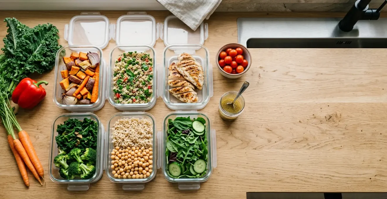 Organized family meal prep workflow showing batch cooking efficiency in modern kitchen