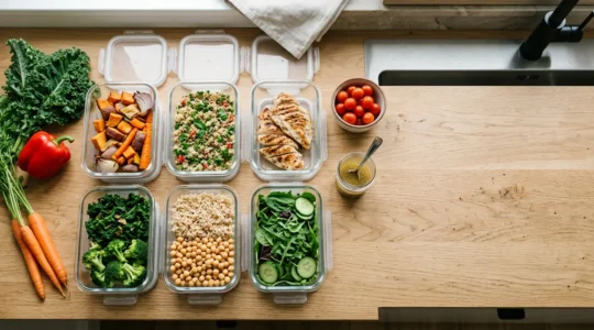 Organized family meal prep workflow showing batch cooking efficiency in modern kitchen
