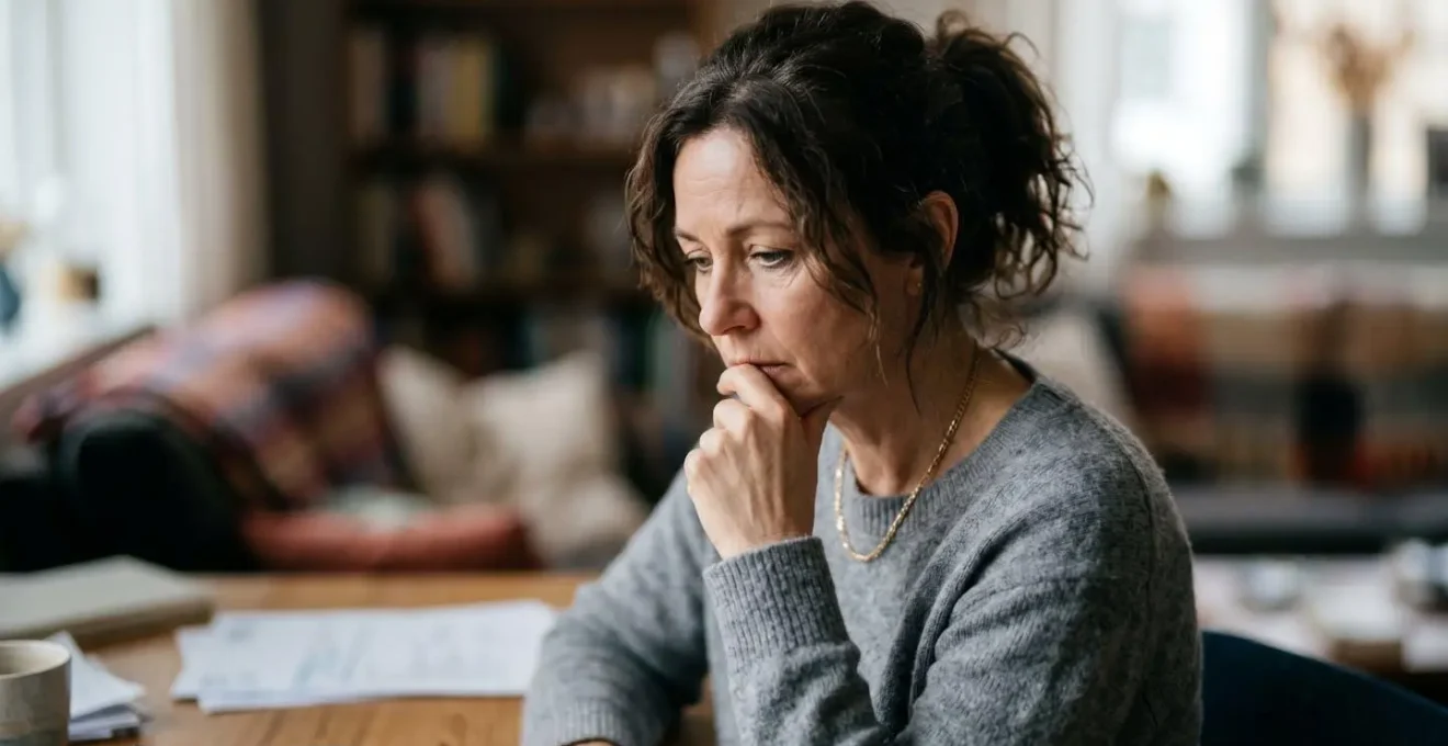 Close-up portrait of person looking contemplatively at their finances with worry and concern
