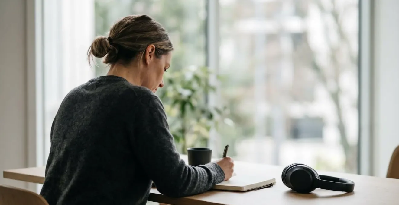 Professional in state of deep focus working in distraction-free minimalist environment with natural lighting