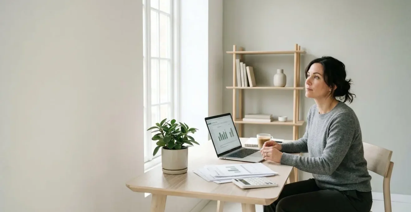 Professional freelancer reviewing retirement investment portfolio and financial planning documents in modern home office workspace