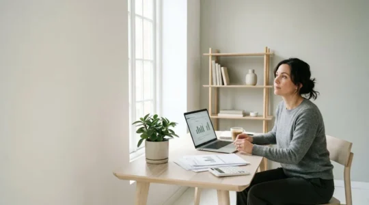 Professional freelancer reviewing retirement investment portfolio and financial planning documents in modern home office workspace
