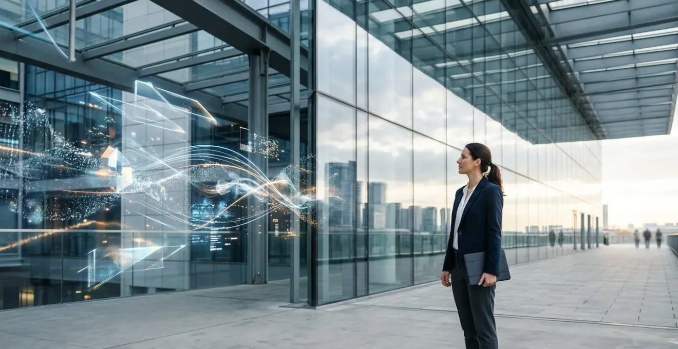 Professional navigating digital transformation in modern workplace with emerging technology