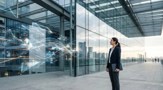 Professional navigating digital transformation in modern workplace with emerging technology