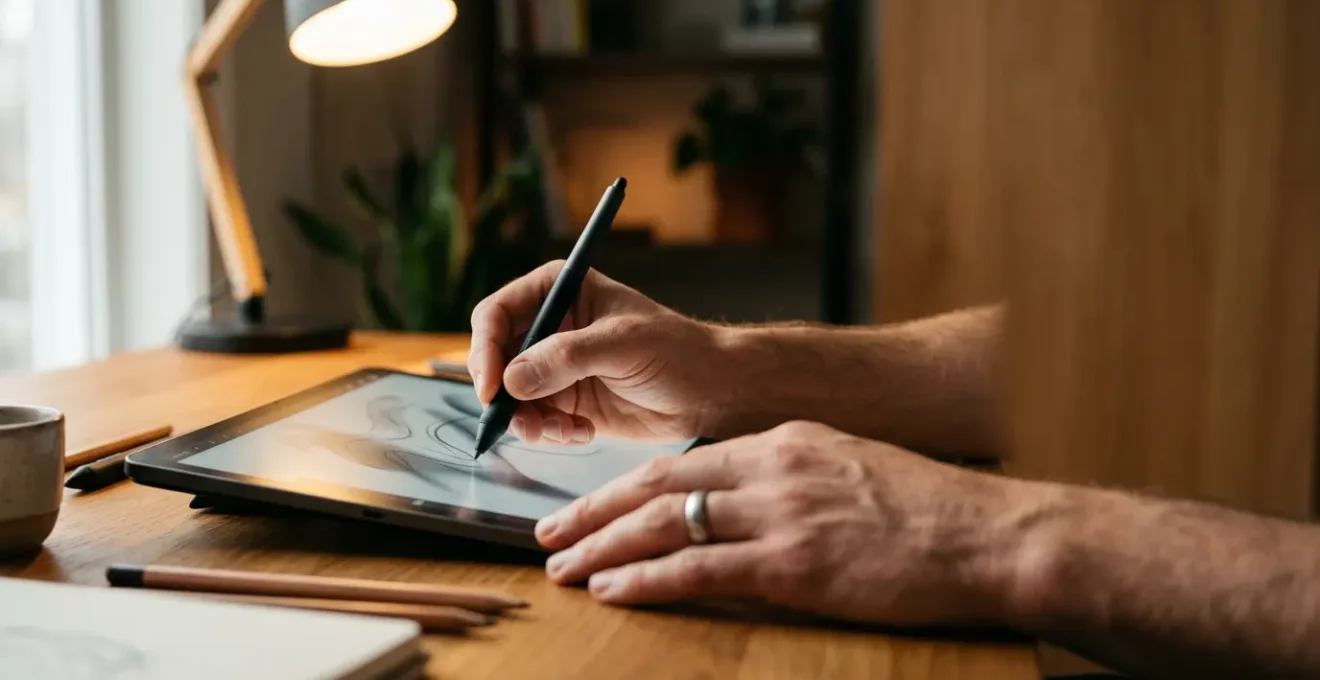 Professional workspace combining human creativity with AI technology, showing artistic tools and digital interfaces in harmonious composition