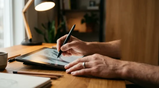 Professional workspace combining human creativity with AI technology, showing artistic tools and digital interfaces in harmonious composition