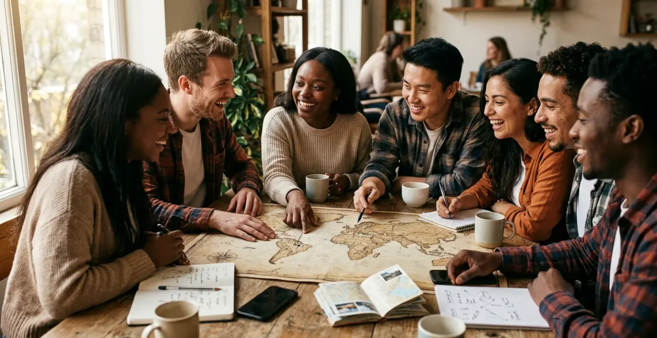 Diverse group of six friends collaborating peacefully over travel maps and devices in warm natural light