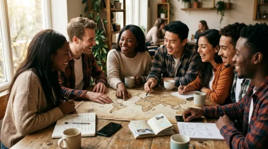 Diverse group of six friends collaborating peacefully over travel maps and devices in warm natural light