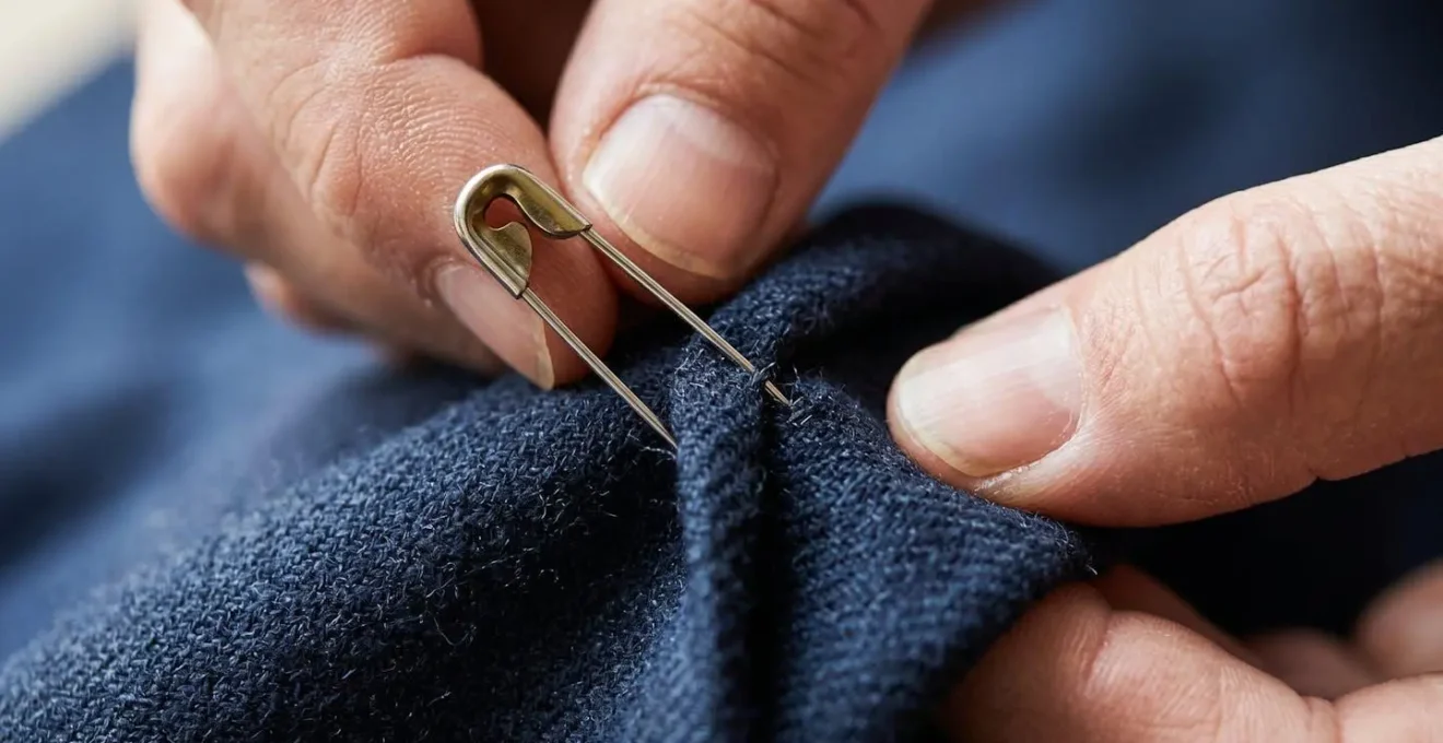 Close-up macro view of hands carefully pinning fabric on a blazer to demonstrate precise tailoring adjustments