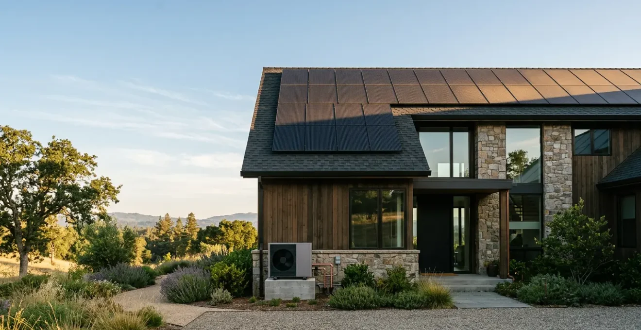 Modern home showcasing green energy technology and efficiency upgrades in natural light