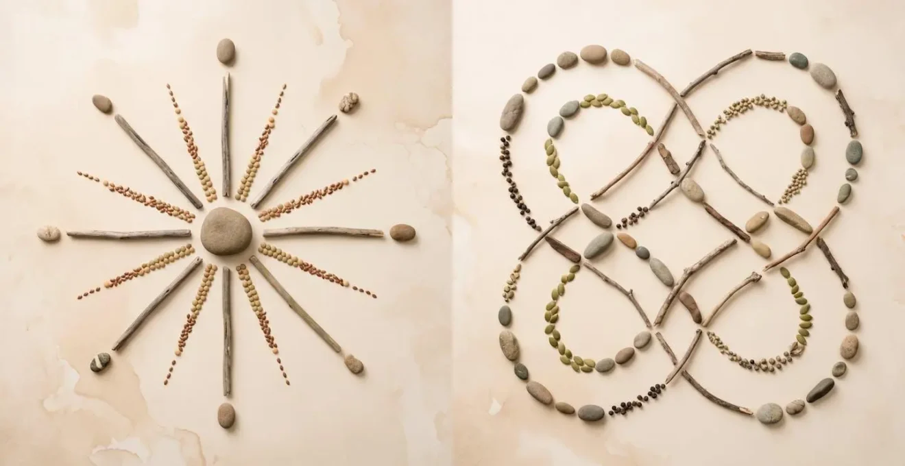 Minimalist overhead view comparing two distinct travel route patterns with symbolic elements representing efficiency trade-offs