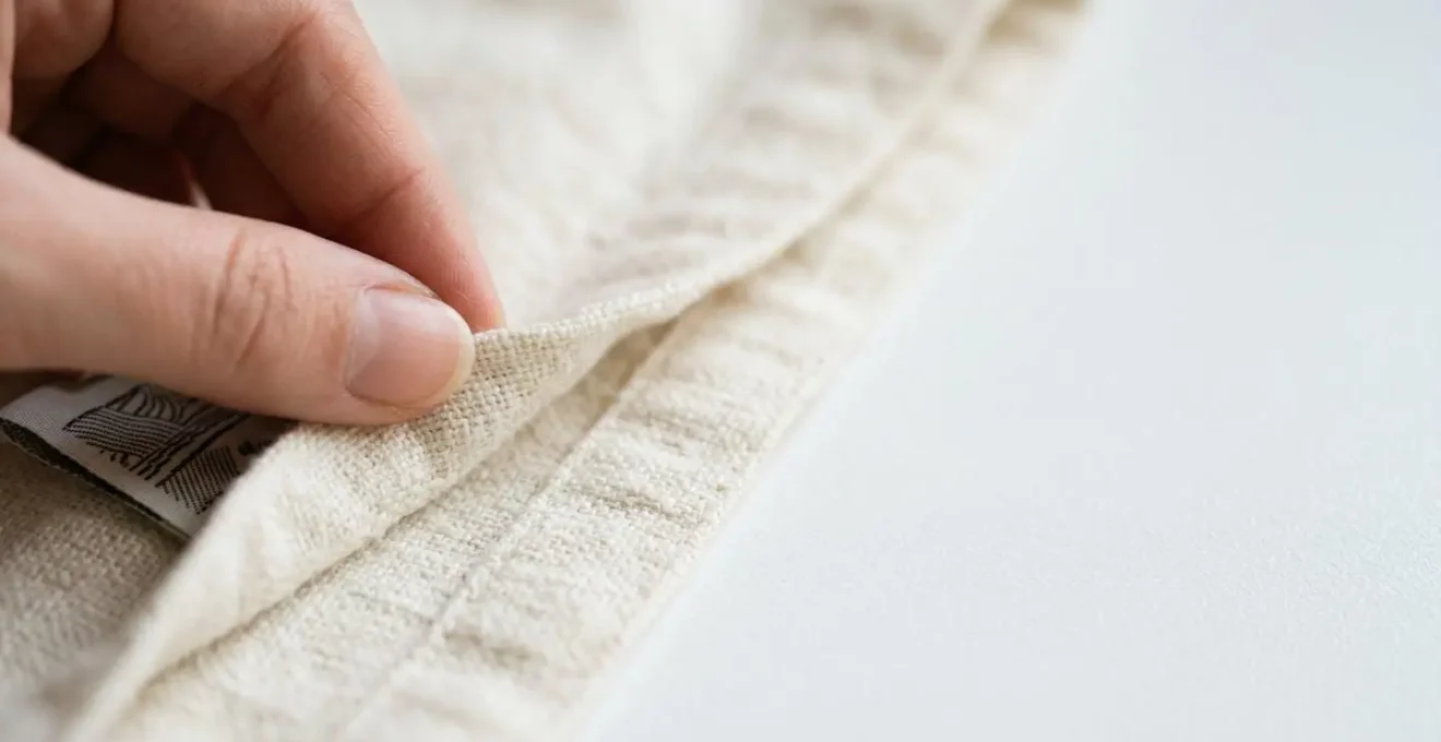 Close-up editorial photograph showing hands examining fabric texture and quality label on minimalist neutral-toned clothing