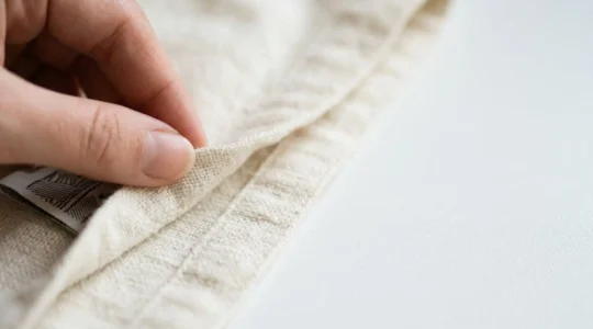 Close-up editorial photograph showing hands examining fabric texture and quality label on minimalist neutral-toned clothing