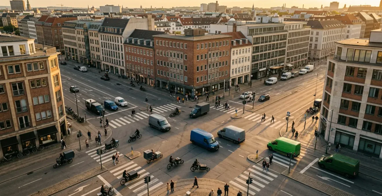 Urban last-mile delivery operations in a dense city environment showing logistics complexity