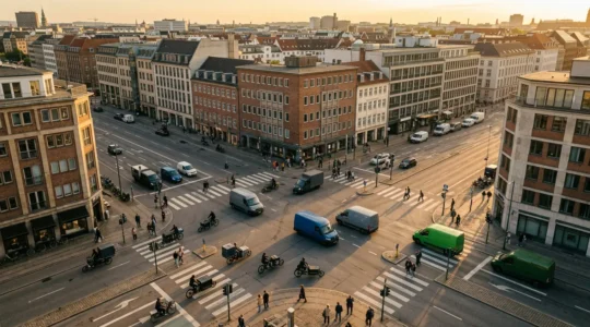 Urban last-mile delivery operations in a dense city environment showing logistics complexity
