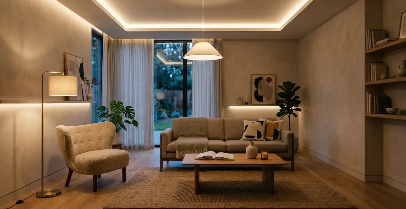 Contemporary living room demonstrating layered lighting design with multiple light sources creating depth and eliminating harsh shadows